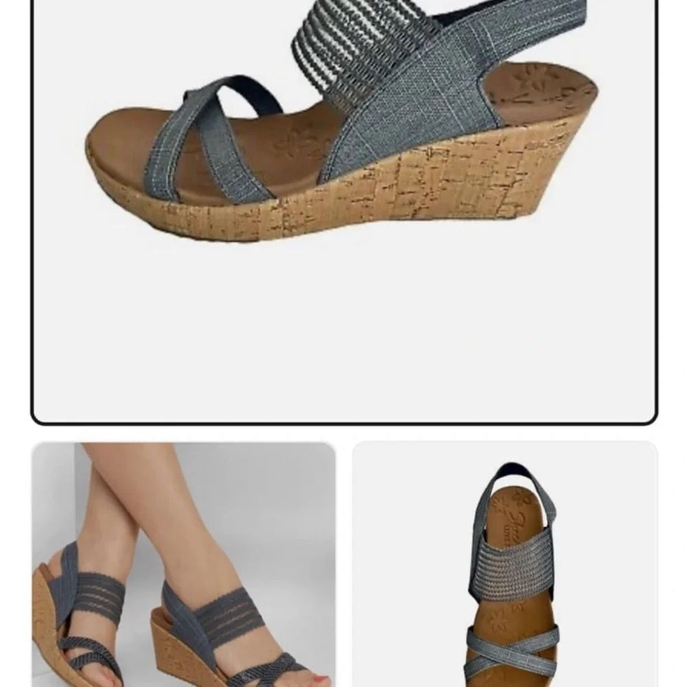 Skechers Black and Tan Wedge‎ Sandals with Stretch Fabric